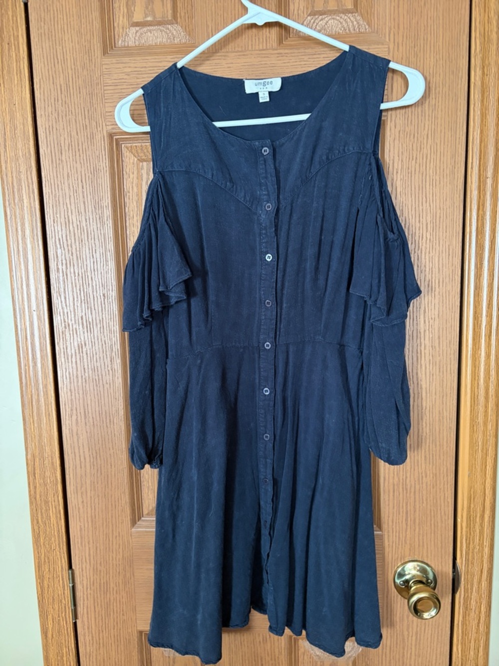 Umgee Navy Cold-Shoulder Ruffle Button-Front Dress